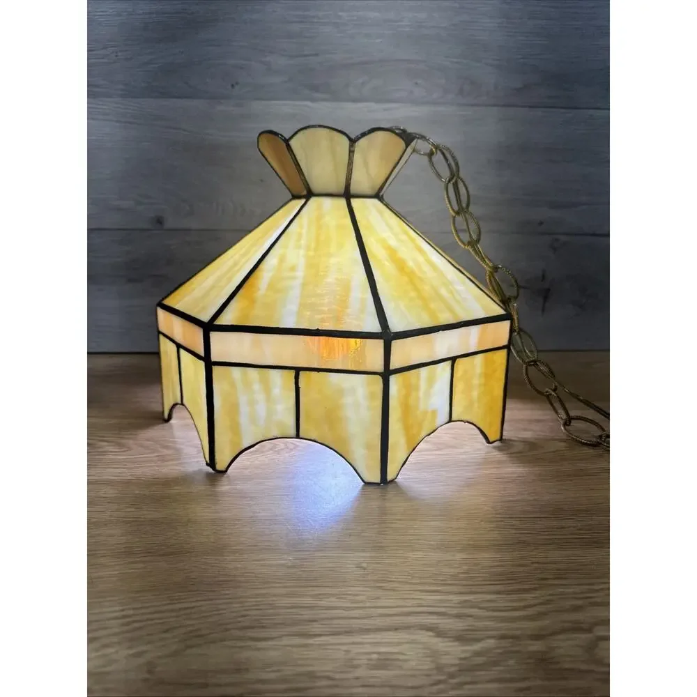 VTG 1970s Stained Glass Hanging Bar Tiffany Style Ceiling Lamp Shade 11.25x9.25”